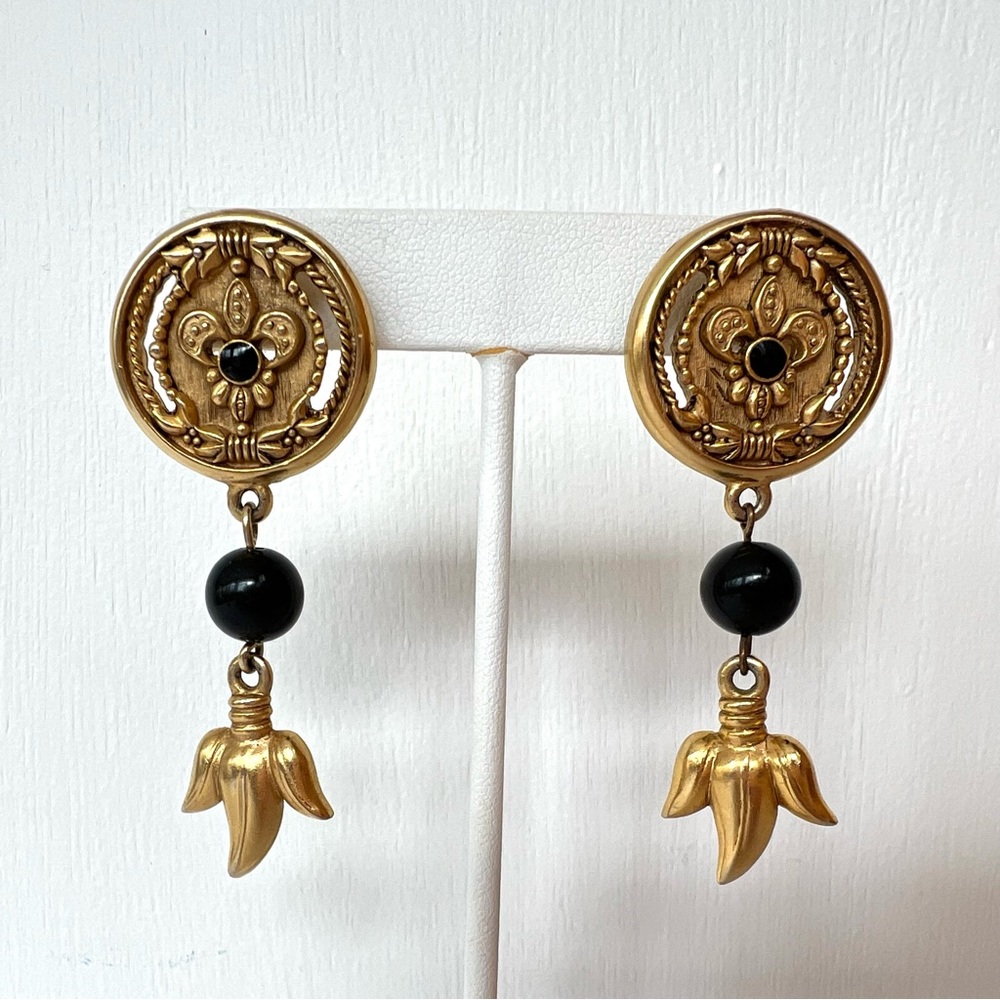 Vintage Fleur de Lis Medallion Drop Earrings